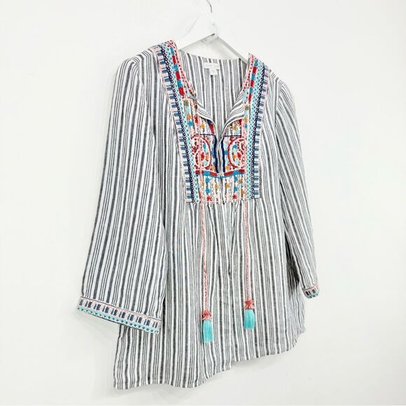 J. Jill White Blue Stripe Colorful Embroidered Ethnic Boho Festival Linen Jacket - Picture 5 of 13